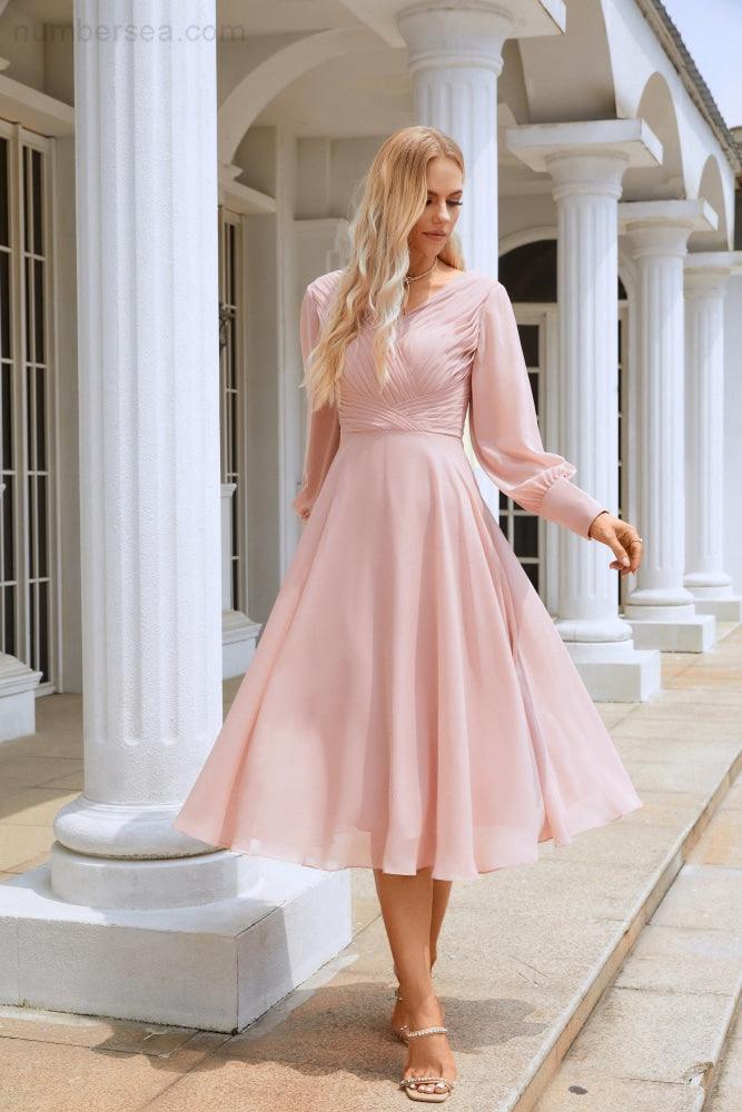 Vestido de gasa para mujer, cuello en V, manga larga, hasta la rodilla, ideal para damas de honor, graduaciones, fiestas de noche, bodas y compras (SY28107)