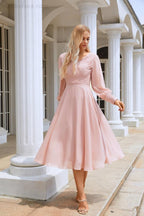 Vestido de gasa para mujer, cuello en V, manga larga, hasta la rodilla, ideal para damas de honor, graduaciones, fiestas de noche, bodas y compras (SY28107)