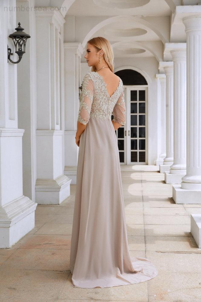 Vestido de gasa para mujer, cuello en V, manga larga hasta el codo, para la madre de la novia, ideal para bodas y fiestas nupciales (SY28108)
