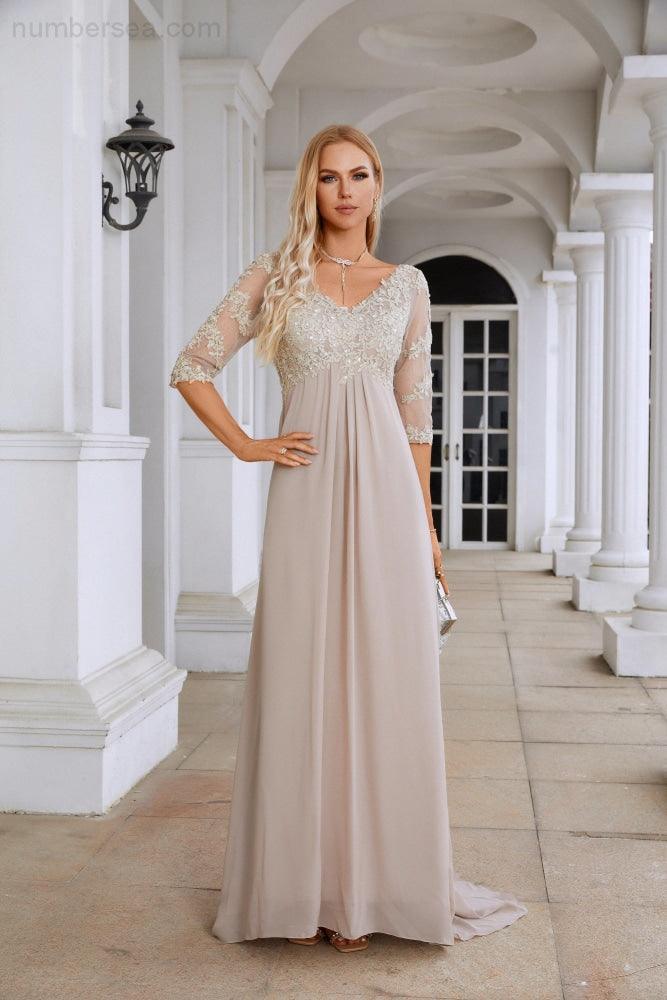 Vestido de gasa para mujer, cuello en V, manga larga hasta el codo, para la madre de la novia, ideal para bodas y fiestas nupciales (SY28108)