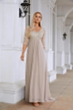 Robe de mariée/de fête en mousseline à col en V et manches longues mi-longues pour la mère de la mariée (SY28108)