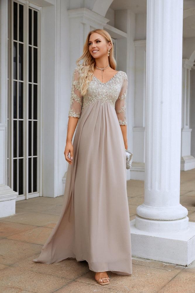 Vestido de gasa para mujer, cuello en V, manga larga hasta el codo, para la madre de la novia, ideal para bodas y fiestas nupciales (SY28108)