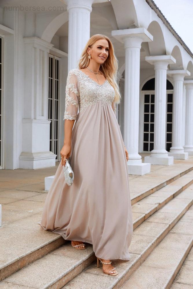 Robe de mariée/de fête en mousseline à col en V et manches longues mi-longues pour la mère de la mariée (SY28108)