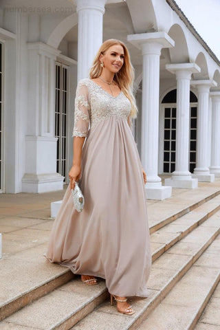 Vestido de gasa para mujer, cuello en V, manga larga hasta el codo, para la madre de la novia, ideal para bodas y fiestas nupciales (SY28108)