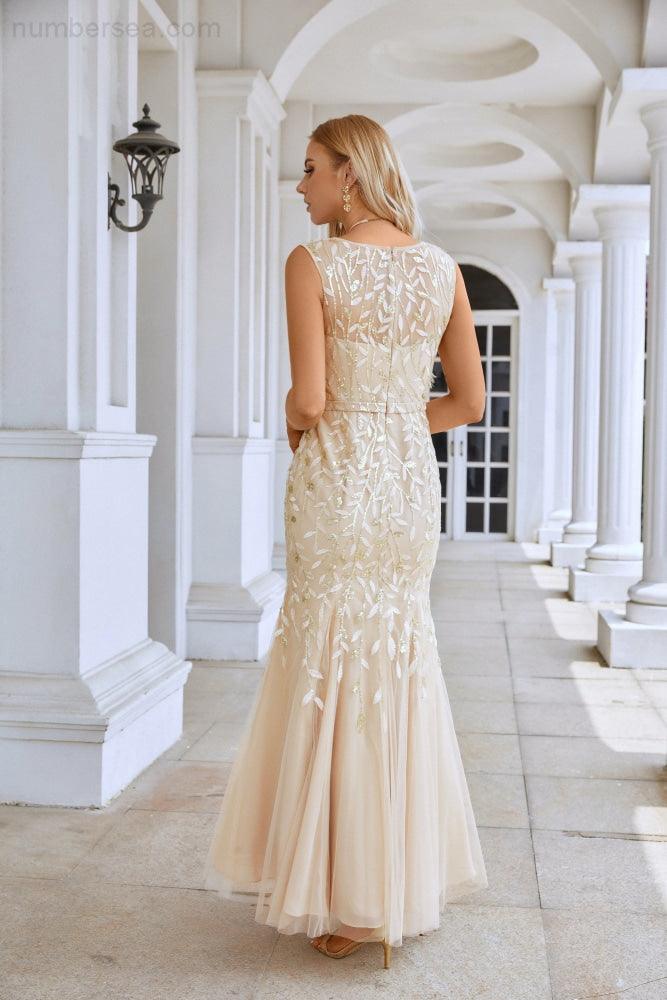 Vestido de noche de sirena sin mangas con bordado en V para dama de honor, largo hasta el suelo, ideal para bodas, fiestas y graduaciones (SY28110)