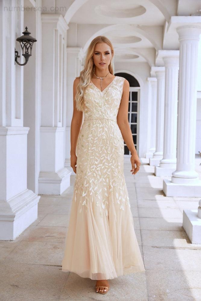 Vestido de noche de sirena sin mangas con bordado en V para dama de honor, largo hasta el suelo, ideal para bodas, fiestas y graduaciones (SY28110)