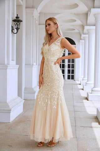 Vestido de noche de sirena sin mangas con bordado en V para dama de honor, largo hasta el suelo, ideal para bodas, fiestas y graduaciones (SY28110)