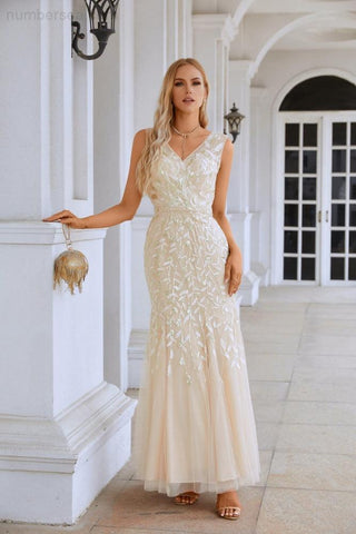 Vestido de noche de sirena sin mangas con bordado en V para dama de honor, largo hasta el suelo, ideal para bodas, fiestas y graduaciones (SY28110)