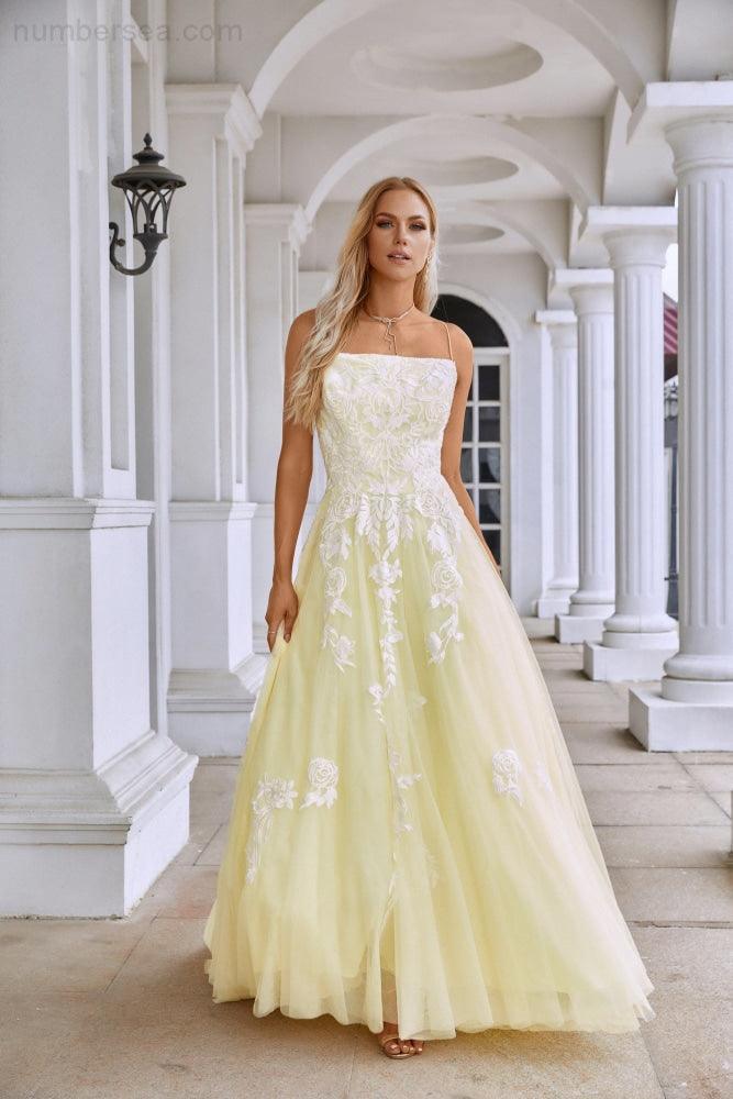 Vestido de fiesta para dama, con tirantes finos, escote en V, tul, encaje, largo hasta el suelo, para graduación, boda, noche, 28112 