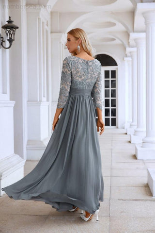 Vestido de noche de dama de honor, de gasa, encaje, manga larga y cuello redondo para mujer, ideal para graduación, bodas y eventos especiales (SY28114)