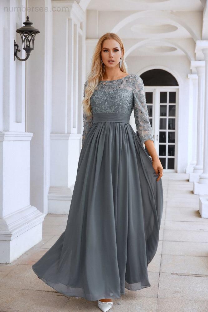 Vestido de noche de dama de honor, de gasa, encaje, manga larga y cuello redondo para mujer, ideal para graduación, bodas y eventos especiales (SY28114)