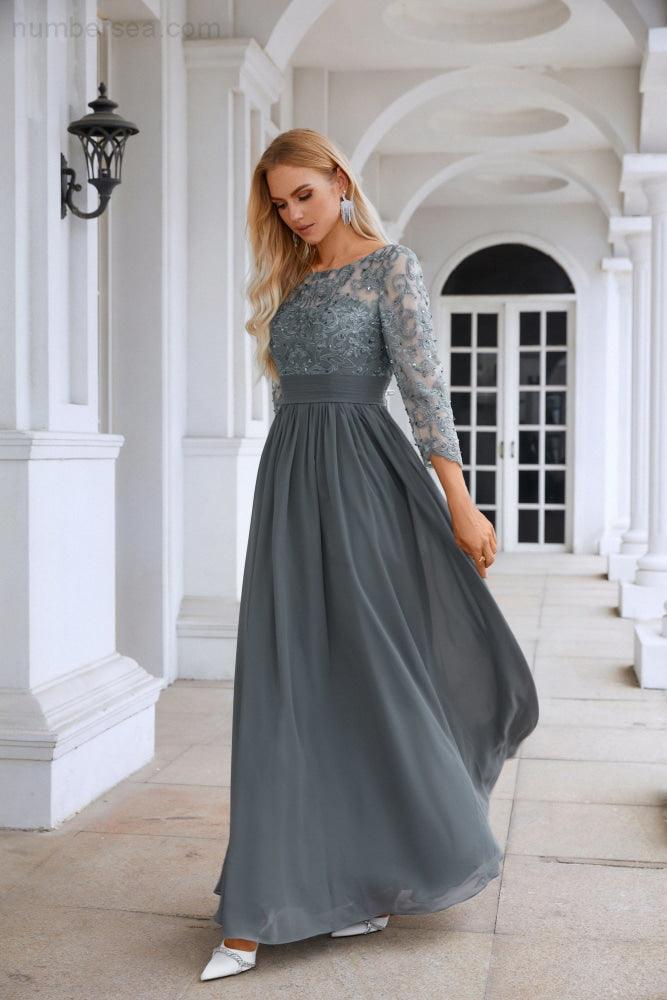 Vestido de noche de dama de honor, de gasa, encaje, manga larga y cuello redondo para mujer, ideal para graduación, bodas y eventos especiales (SY28114)