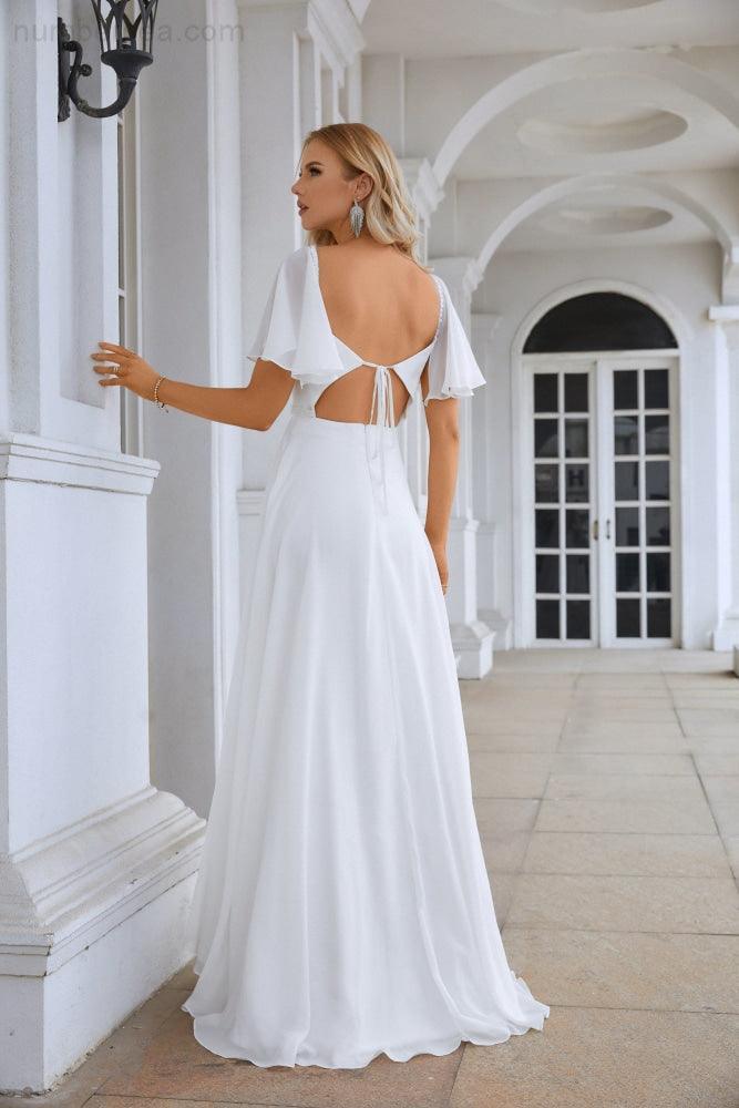 Vestido de noche de gasa con mangas con volantes y abertura frontal para dama de honor, para graduación, boda, fiesta de noche 28115 