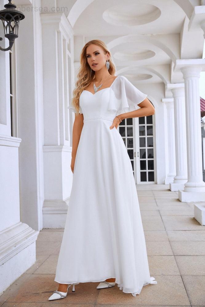 Vestido de noche de gasa con mangas con volantes y abertura frontal para dama de honor, para graduación, boda, fiesta de noche 28115 