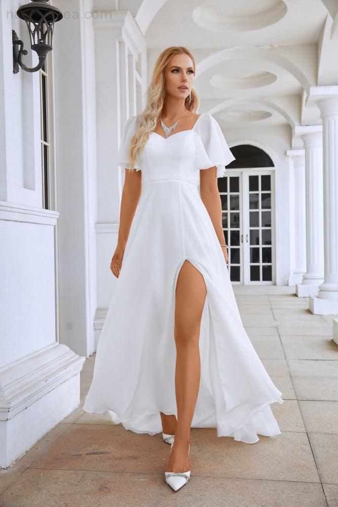 Vestido de noche de gasa con mangas con volantes y abertura frontal para dama de honor, para graduación, boda, fiesta de noche 28115 