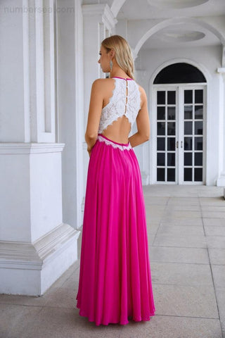 Vestido de noche de gasa con cuello halter y encaje sin mangas para dama de honor, ideal para bodas, fiestas de graduación y noche 28120