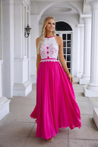 Vestido de noche de gasa con cuello halter y encaje sin mangas para dama de honor, ideal para bodas, fiestas de graduación y noche 28120