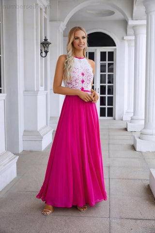 Vestido de noche de gasa con cuello halter y encaje sin mangas para dama de honor, ideal para bodas, fiestas de graduación y noche 28120