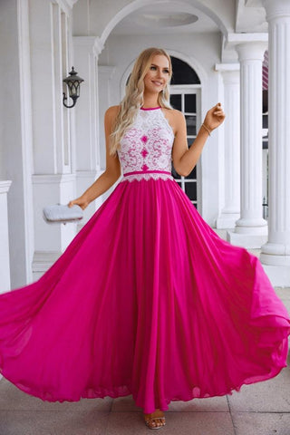 Vestido de noche de gasa con cuello halter y encaje sin mangas para dama de honor, ideal para bodas, fiestas de graduación y noche 28120