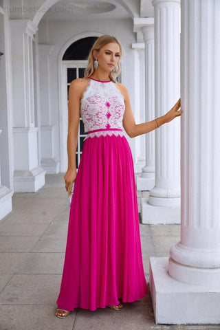 Vestido de noche de gasa con cuello halter y encaje sin mangas para dama de honor, ideal para bodas, fiestas de graduación y noche 28120