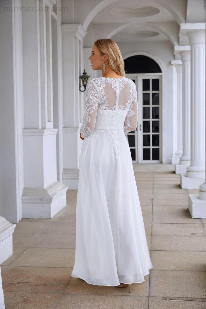 Vestido de noche para dama de honor, de gasa, con cuello redondo, manga larga, abertura frontal y encaje, largo hasta el suelo, para boda, graduación, fiesta, 28122 