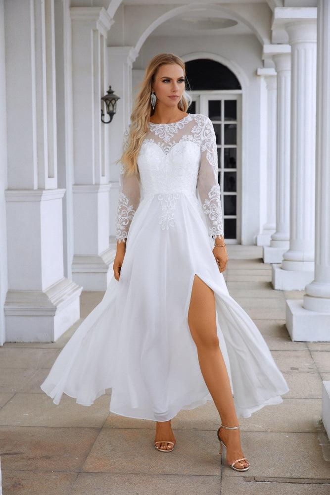 Vestido de noche para dama de honor, de gasa, con cuello redondo, manga larga, abertura frontal y encaje, largo hasta el suelo, para boda, graduación, fiesta, 28122 