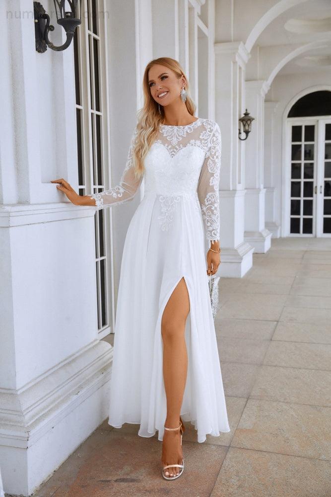 Vestido de noche para dama de honor, de gasa, con cuello redondo, manga larga, abertura frontal y encaje, largo hasta el suelo, para boda, graduación, fiesta, 28122 