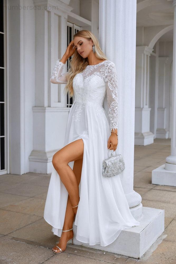 Vestido de noche para dama de honor, de gasa, con cuello redondo, manga larga, abertura frontal y encaje, largo hasta el suelo, para boda, graduación, fiesta, 28122 
