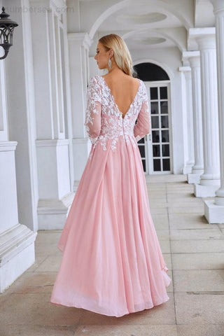 Vestido de noche para dama de honor, de gasa, con cuello redondo, manga larga y encaje, corto por delante y por detrás, largo hasta la rodilla, para boda, 28123 