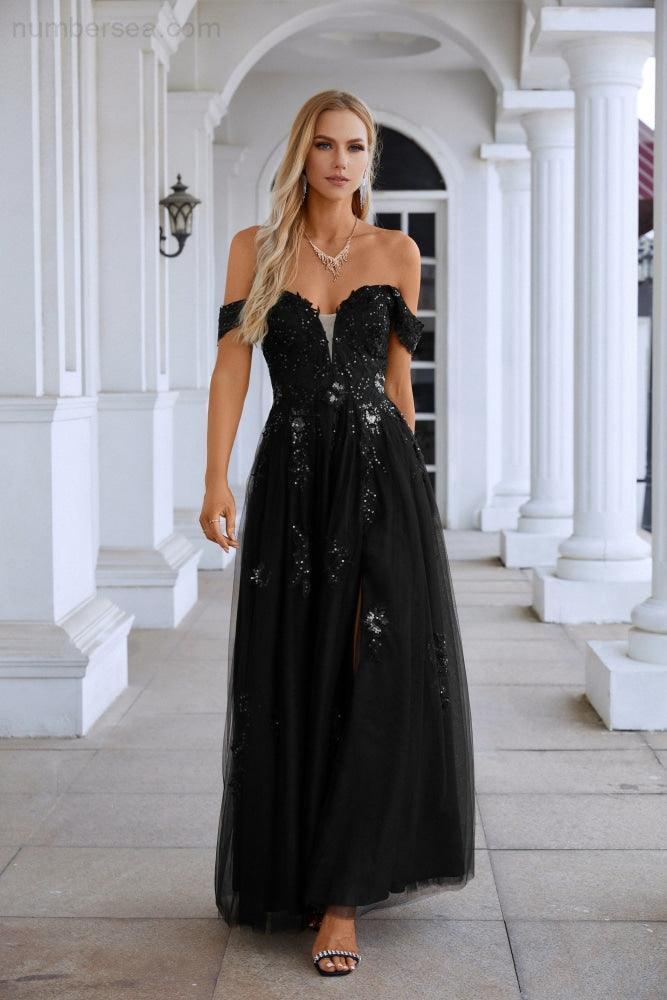 Vestido de noche de gasa con escote en V, mangas largas y tul bordado, para dama de honor, fiesta de graduación, boda, 28127 