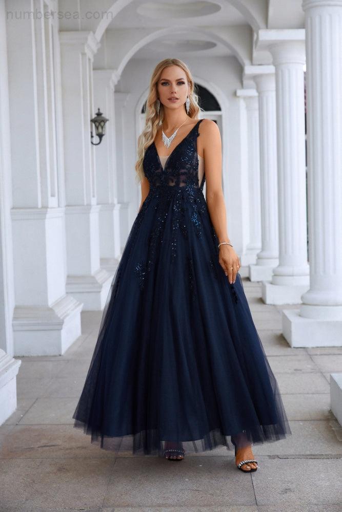 Vestido de noche de gasa con escote en V y tul bordado para dama de honor, para graduación, boda, fiesta, 28128 