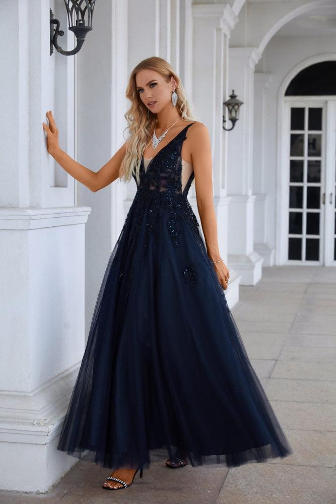 Vestido de noche de gasa con escote en V y tul bordado para dama de honor, para graduación, boda, fiesta, 28128 