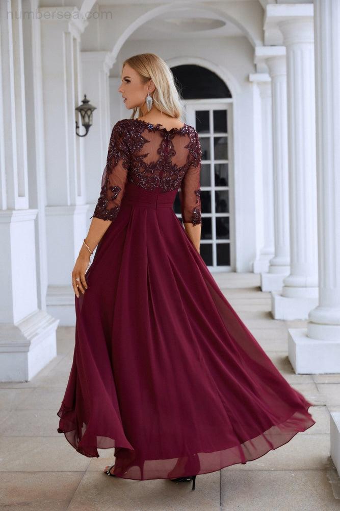 Vestido de noche de fiesta de boda, tul bordado con lentejuelas y escote en V para mujer, de gasa, SY28129