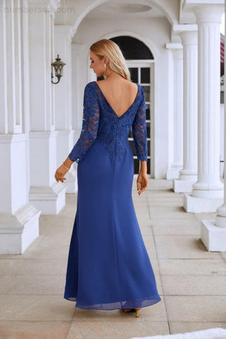 Robe de demoiselle d'honneur en mousseline de soie à col en V, broderie, manches longues et fente sur le devant, idéale pour un mariage, un bal ou une soirée (SY28130).