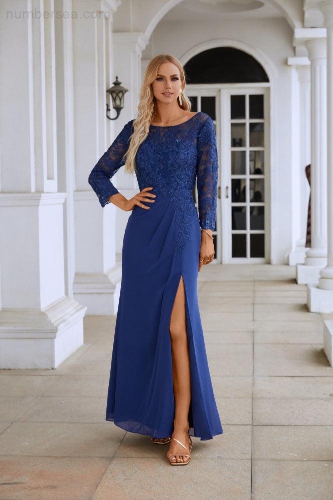 Robe de demoiselle d'honneur en mousseline de soie à col en V, broderie, manches longues et fente sur le devant, idéale pour un mariage, un bal ou une soirée (SY28130).