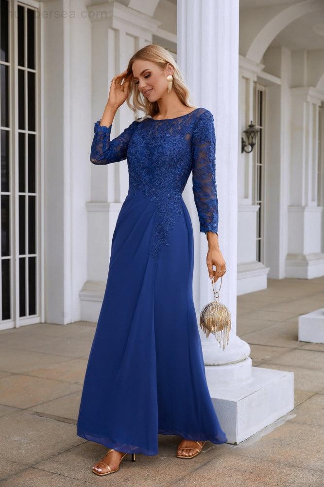 Vestido de dama de honor de gasa para mujer, con cuello en V, bordado, manga larga y abertura frontal, ideal para bodas, fiestas, graduaciones y eventos de noche (SY28130)