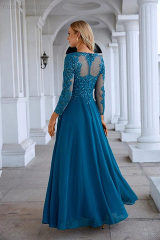 Vestido de noche de dama de honor de gasa con encaje, manga larga y cuello redondo, ideal para bodas, fiestas y graduaciones (SY28132) 