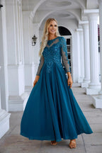 Robe de soirée en mousseline et dentelle, manches longues, col rond, pour demoiselle d'honneur, mariage, bal de promo, SY28132