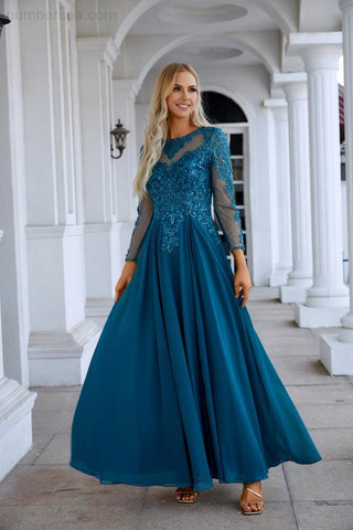 Vestido de noche de dama de honor de gasa con encaje, manga larga y cuello redondo, ideal para bodas, fiestas y graduaciones (SY28132) 