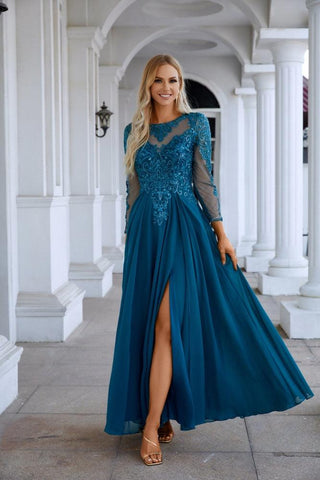 Vestido de noche de dama de honor de gasa con encaje, manga larga y cuello redondo, ideal para bodas, fiestas y graduaciones (SY28132) 