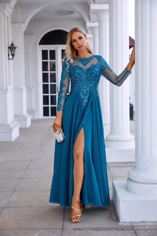 Robe de soirée en mousseline et dentelle, manches longues, col rond, pour demoiselle d'honneur, mariage, bal de promo, SY28132