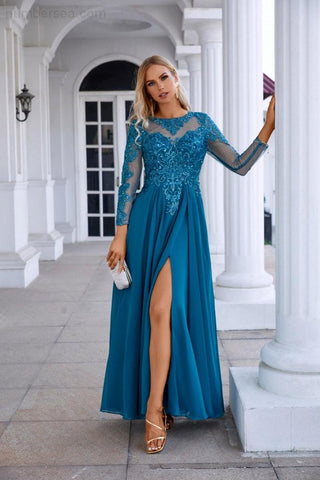 Vestido de noche de dama de honor de gasa con encaje, manga larga y cuello redondo, ideal para bodas, fiestas y graduaciones (SY28132) 