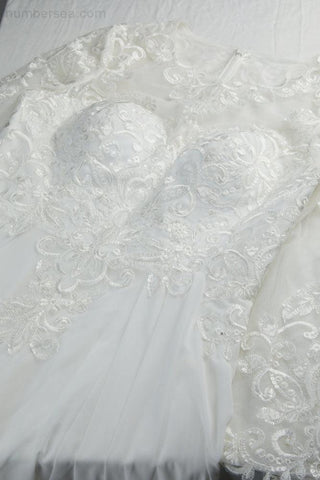 Robe de soirée en mousseline de soie et dentelle, col rond, manches longues, fente sur le devant, longueur au sol, pour demoiselle d'honneur, mariage, bal, soirée, 28122 