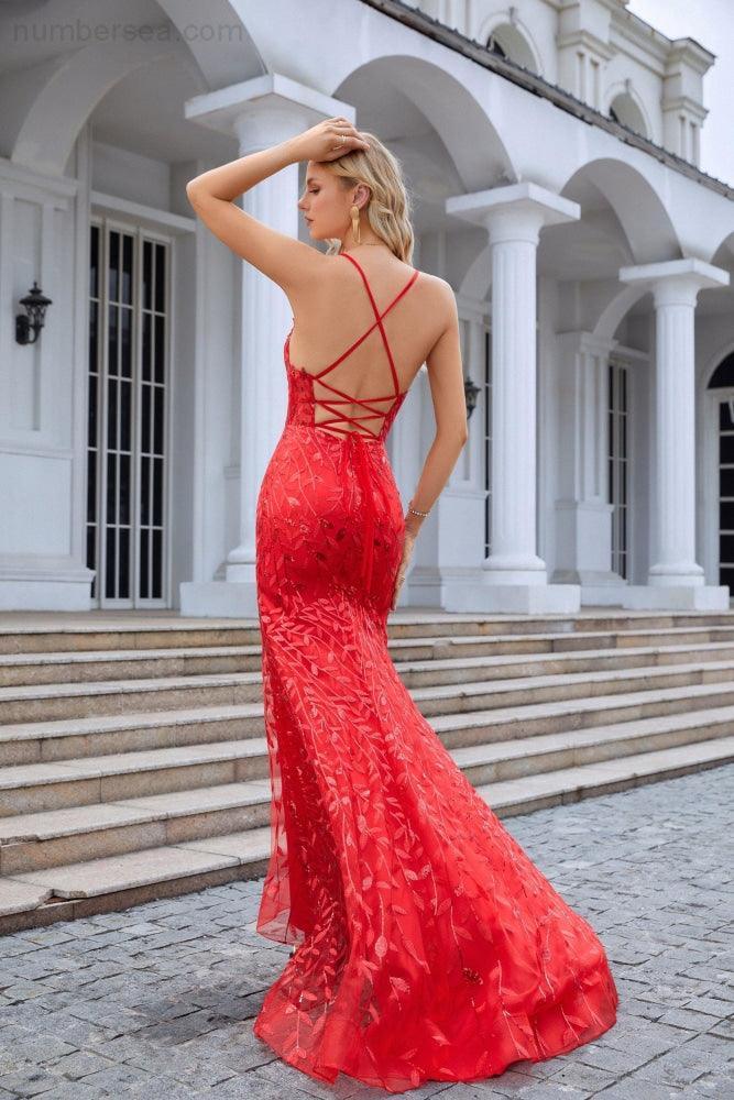 Vestido de dama de honor de tul de doble capa con tirantes finos, escote en V, corte sirena, abertura frontal, para fiesta de boda y noche, 28096 