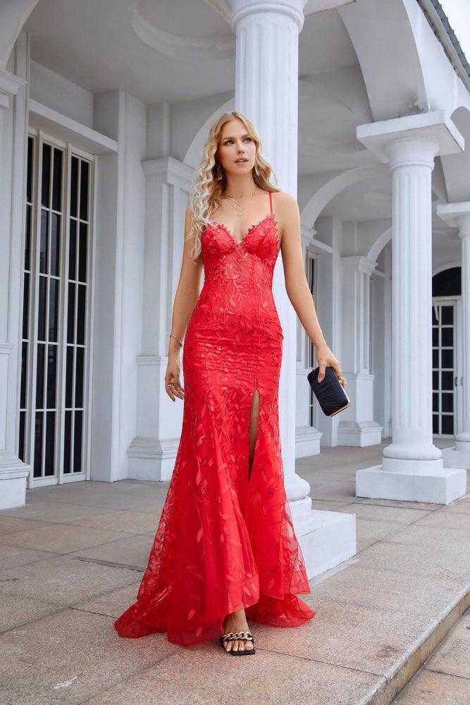 Vestido de dama de honor de tul de doble capa con tirantes finos, escote en V, corte sirena, abertura frontal, para fiesta de boda y noche, 28096 