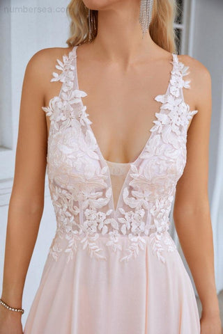 Robe de demoiselle d'honneur en mousseline de soie, col en V, fente sur le devant, bretelles spaghetti, robe de soirée de mariage, 28088 