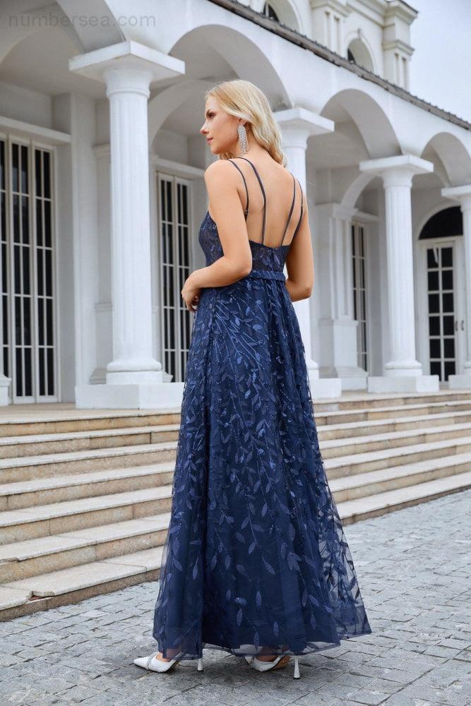 Vestido de dama de honor con tirantes finos, bordado, escote en V y abertura frontal, para fiesta, boda y noche, 28089 