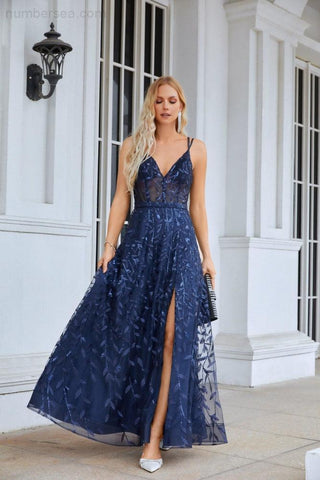 Vestido de dama de honor con tirantes finos, bordado, escote en V y abertura frontal, para fiesta, boda y noche, 28089 