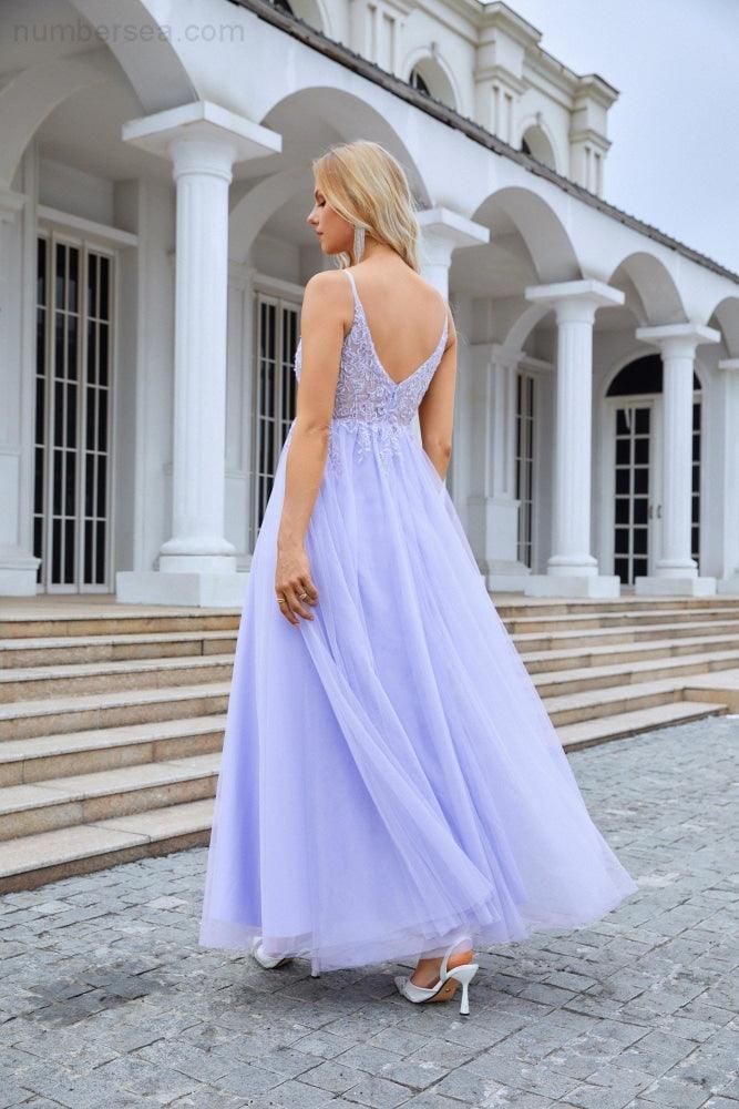 Vestido de dama de honor con escote en V, de gasa, encaje y tirantes finos, para boda, fiesta, playa, noche, 28090 