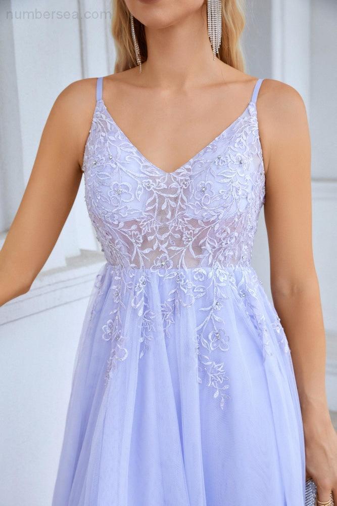 Vestido de dama de honor con escote en V, de gasa, encaje y tirantes finos, para boda, fiesta, playa, noche, 28090 